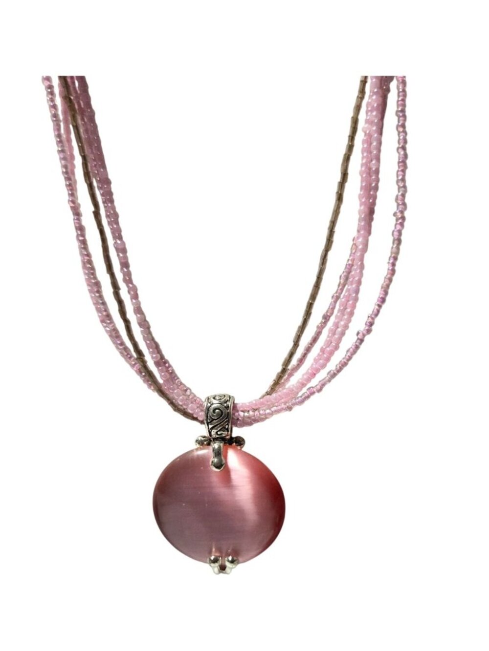 Vintage Pink Beaded Necklace Round Pink Cats Eye Stone Pendant Fashion Jewelry